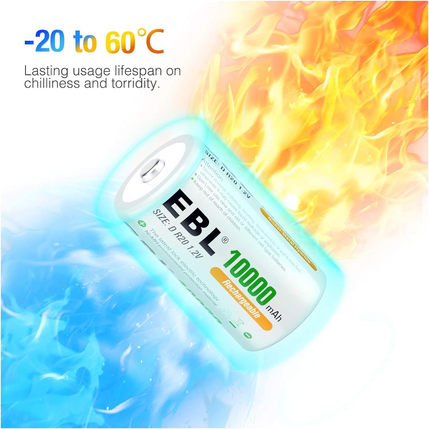 EBL D Cell Batteries 10,000mAh Ultra Pro Ni-MH Rechargeable D Batteries, Pack of 2