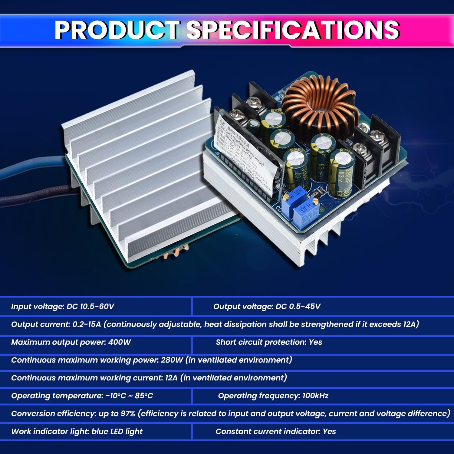 DC-DC 400W 15A Adjustable Buck Converter, DC 10.5V-60V to 0.5V-45V Power Supply Module Ideal for Battery Charging & Power Supplies amiciKart
