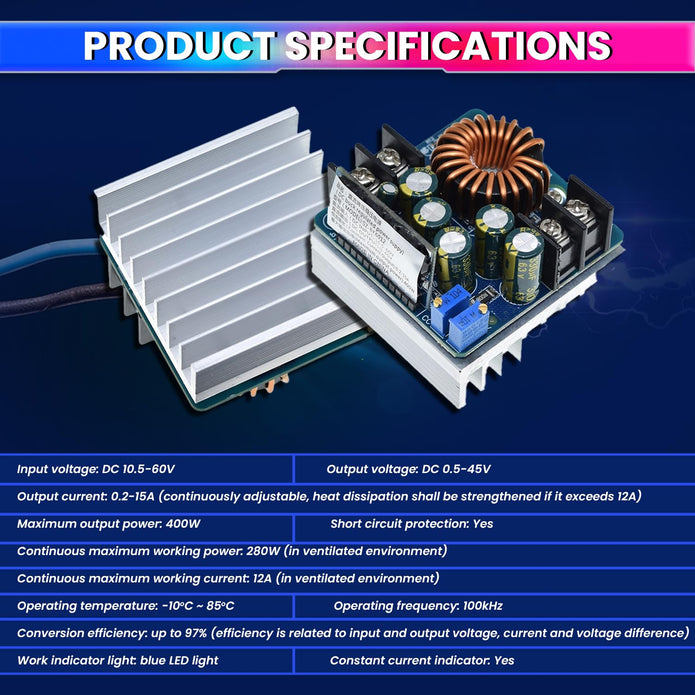 DC-DC 400W 15A Adjustable Buck Converter, DC 10.5V-60V to 0.5V-45V Power Supply Module Ideal for Battery Charging & Power Supplies