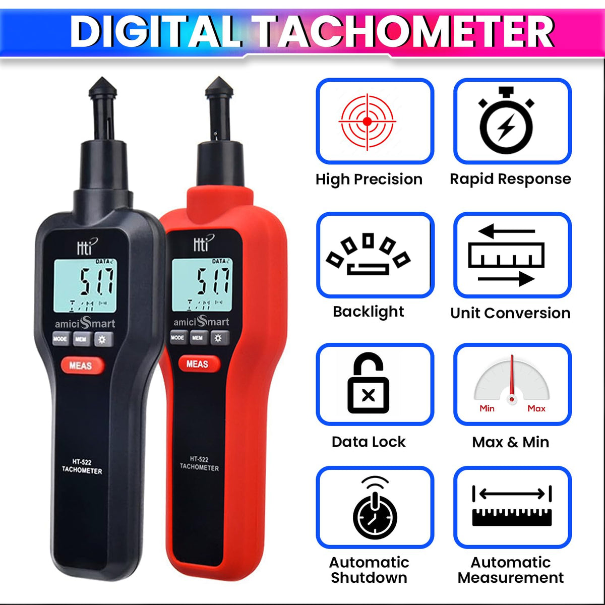 Laser Rpm Device 2-in-1 Digital Laser Tachometer RPM Meter, Handheld with 9V Battery (U ...