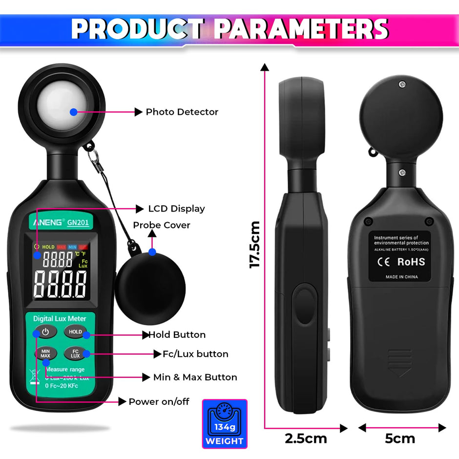 Digital Luxmeter, 200K Lux Photometer with 0.5sec Response Time with 4-Digit Digital Display