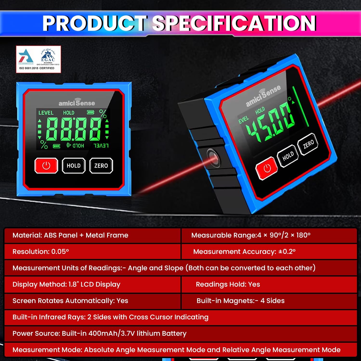 Digital Angle Finder & Laser Level 360° Magnetic Inclinometer with Backlit LCD, Auto-Rotate Display with ABS + Metal Protractor Combo amiciKart