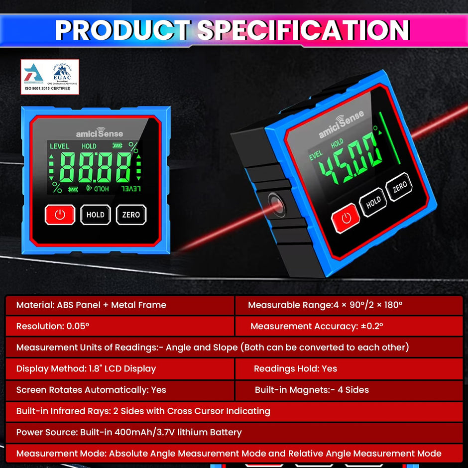 Digital Angle Finder & Laser Level 360° Magnetic Inclinometer with Backlit LCD, Auto-Rotate Display with ABS + Metal Protractor Combo amiciKart