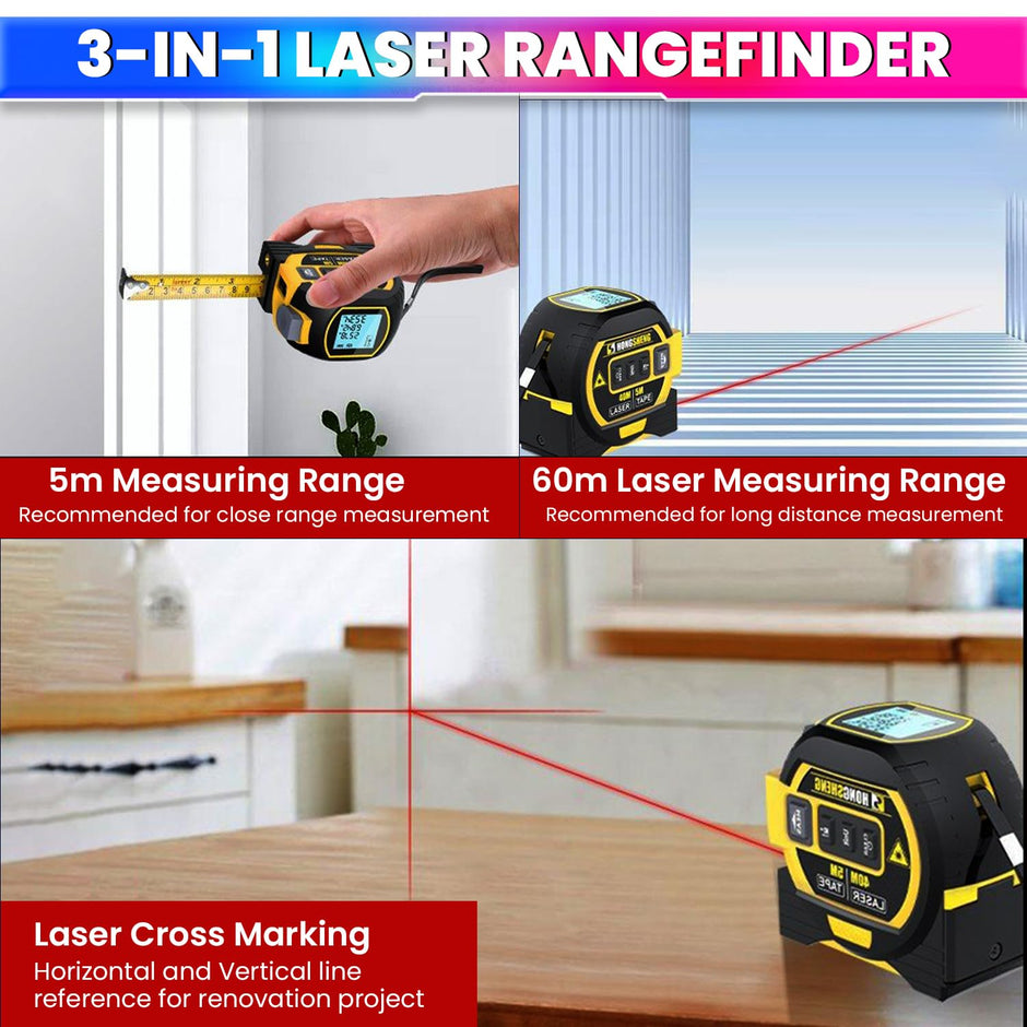 3-in-1 Laser Distance Meter – 60m Laser, 5m Tape, 10m Cross Line with Memory 20 Measurement Storage amiciKart