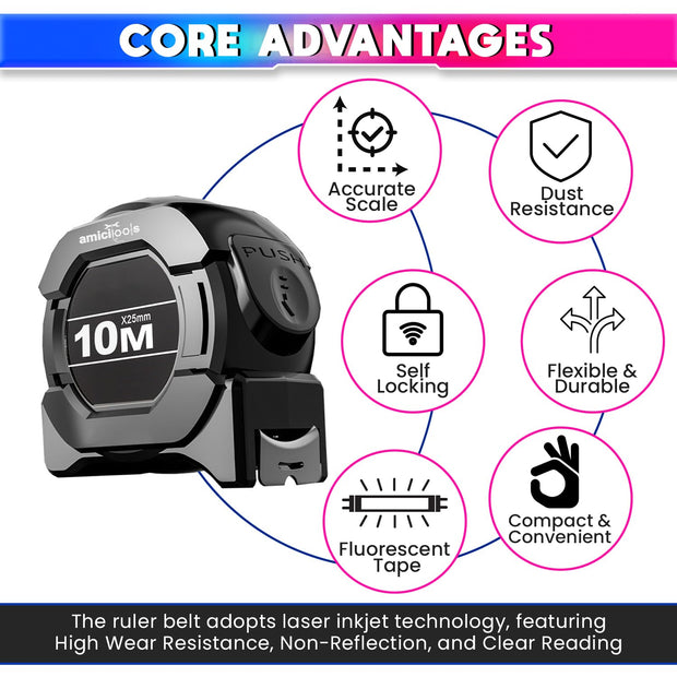 amiciTools 10m Measuring Tape with Auto-Locking and Retracting Feature, Heavy Duty Unbreakable ABS Case with Belt Clip- One-Man Operation, Measure in cm Only