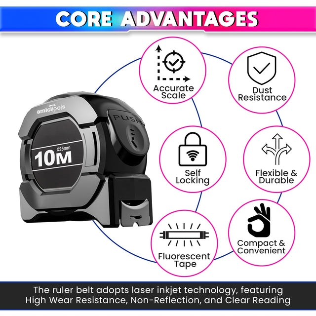amiciTools 10m Measuring Tape with Auto-Locking & Retracting Feature, Heavy Duty Unbreakable ABS Case with Belt Clip- One-Man Operation, Measure in cm