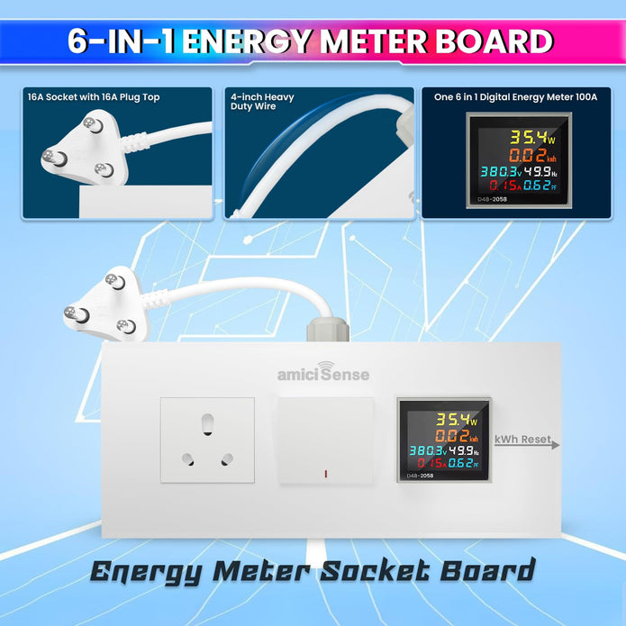 Energy Meter Socket Board with 6-in-1 Digital Power Meter, 16A Socket & 16A Switch with Durable 4-Inch Wire