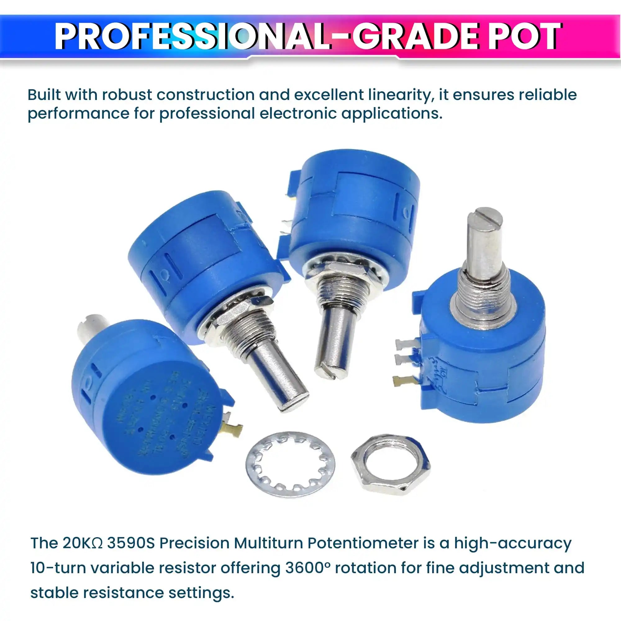 20K Ohm Precision 10-Turn Multiturn Potentiometer ±5% Tolerance, ±50ppm/°C Stability, Long-Life Metal Shaft Variable Resistor
