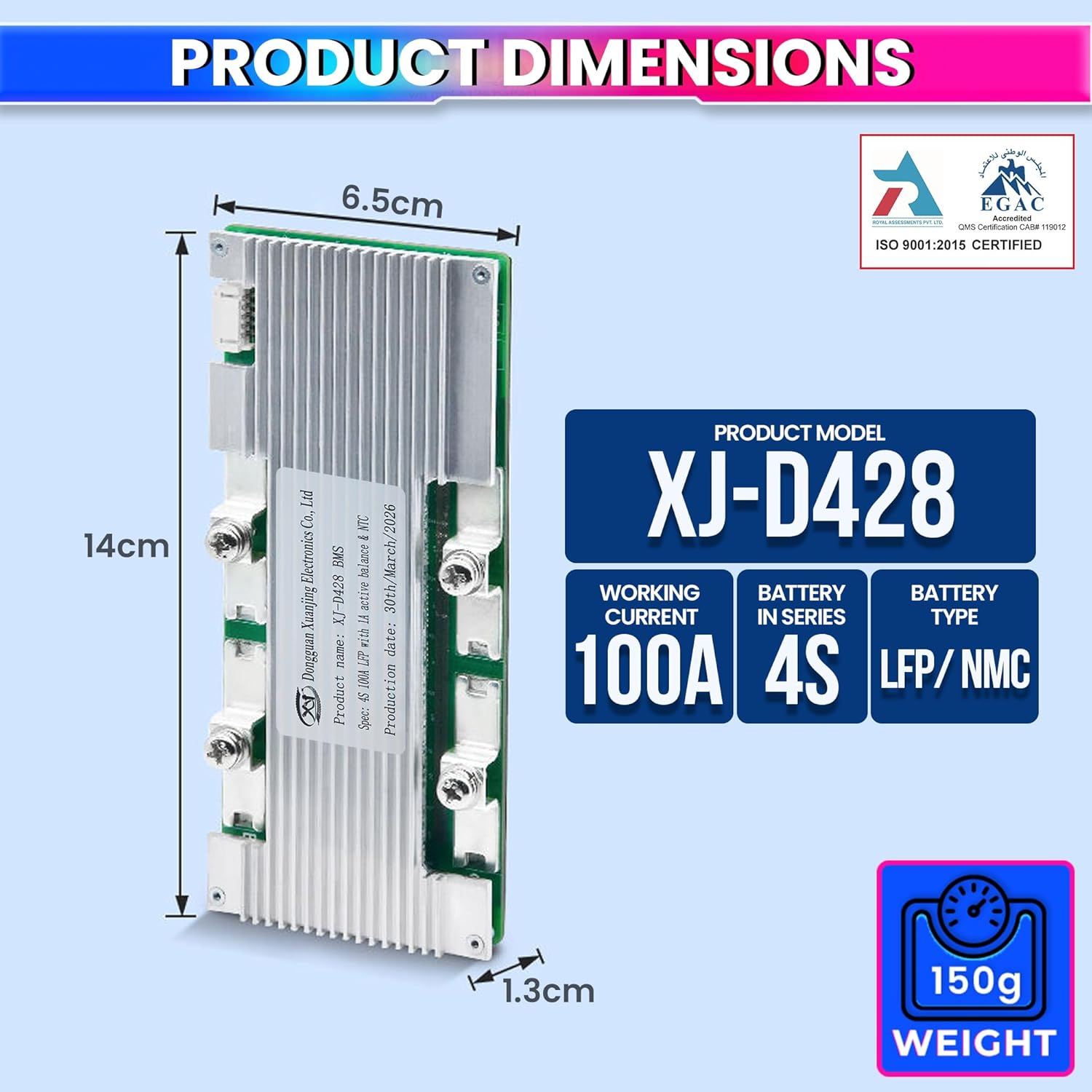 4S 12V 100A BMS for LiFePO4 Battery with 1A Active Balancer