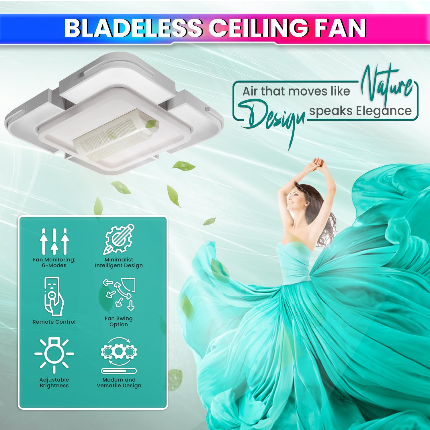 Bladeless Ceiling Fan with LED Light & Remote Control | 6-Speed Fan, 3-Color Adjustable Light