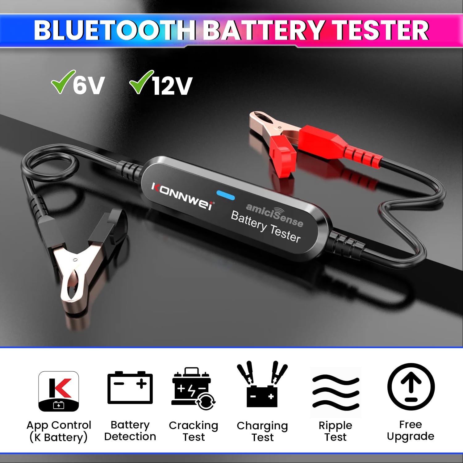 Wireless Car Battery Analyzer – 100~2000 CCA, 6/12V Cranking & Charging Tester with Bluetooth App amiciKart