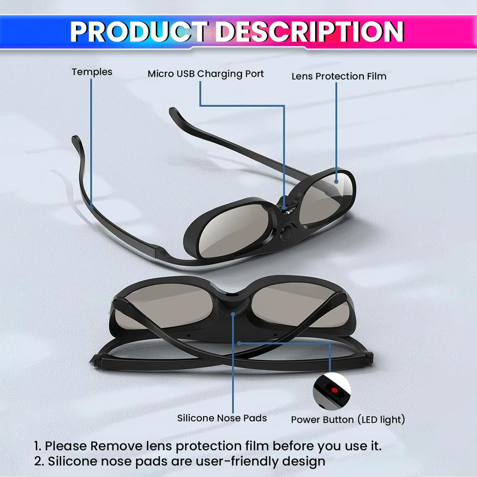 3D Glasses for DLP Link 3D Projectors, 144Hz Active Shutter 3D Eyewear amiciKart