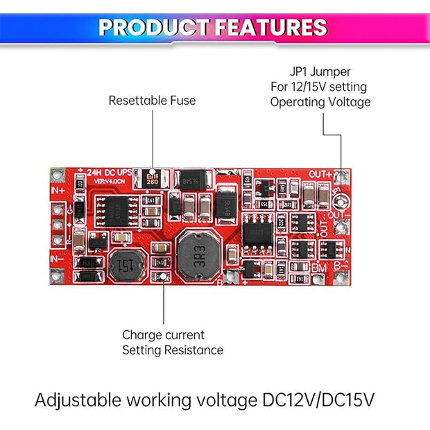 DC 12V/15V UPS Power Supply Module – 24W Backup with Step-Up Converter & Battery Protection