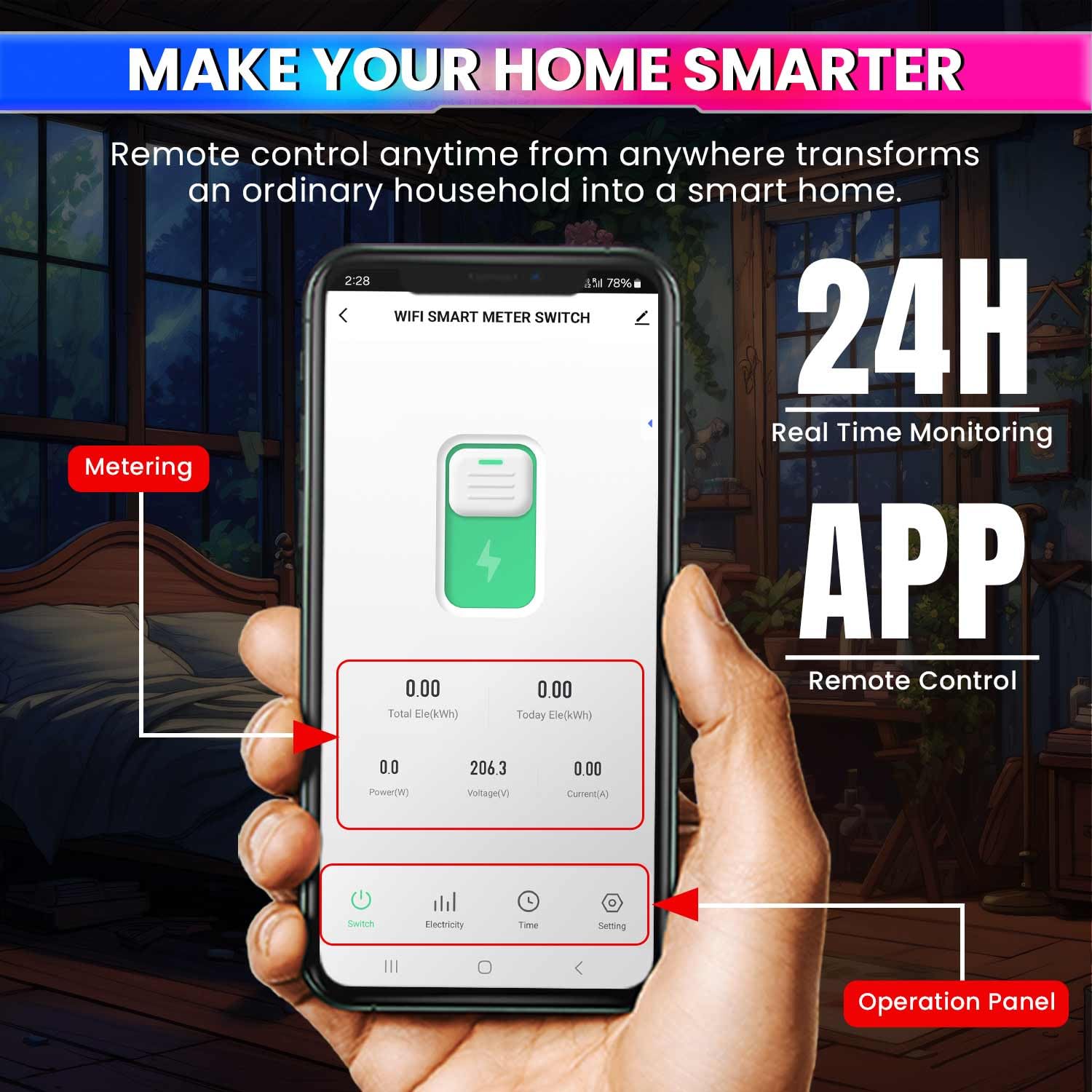 Wi-Fi Smart Timer Switch Energy Monitoring with App Control, Power Scheduling for Electricity Usage