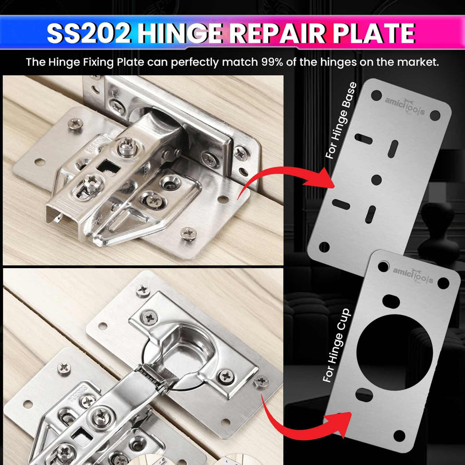amiciTools Hinge Repair Plate Kit | Stainless Steel (SS202) Door Hinge Reinforcement | Fix Loose Cabinet Hinges Quickly