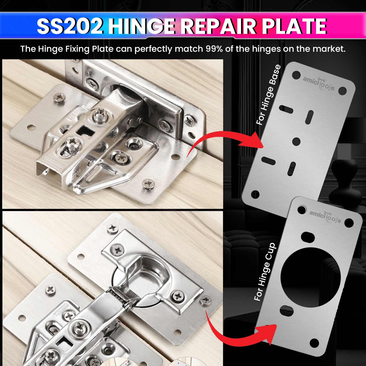 amiciTools Hinge Repair Plate Kit | Stainless Steel (SS202) Door Hinge Reinforcement | Fix Loose Cabinet Hinges Quickly