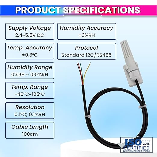 SHT30 Temperature & Humidity Sensor Module – RS485 Modbus RTU, I²C, 100cm Cable