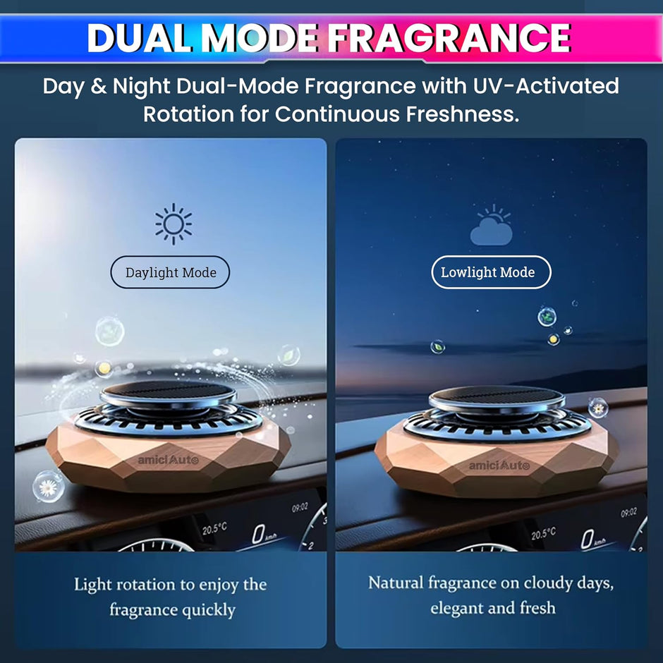 Rotating Car Air Freshener with Natural Walnut Body, Solar Powered Aromatherapy Diffuser