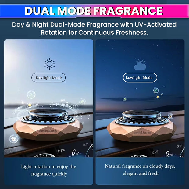 Rotating Car Air Freshener with Natural Walnut Body, Solar Powered Aromatherapy Diffuser