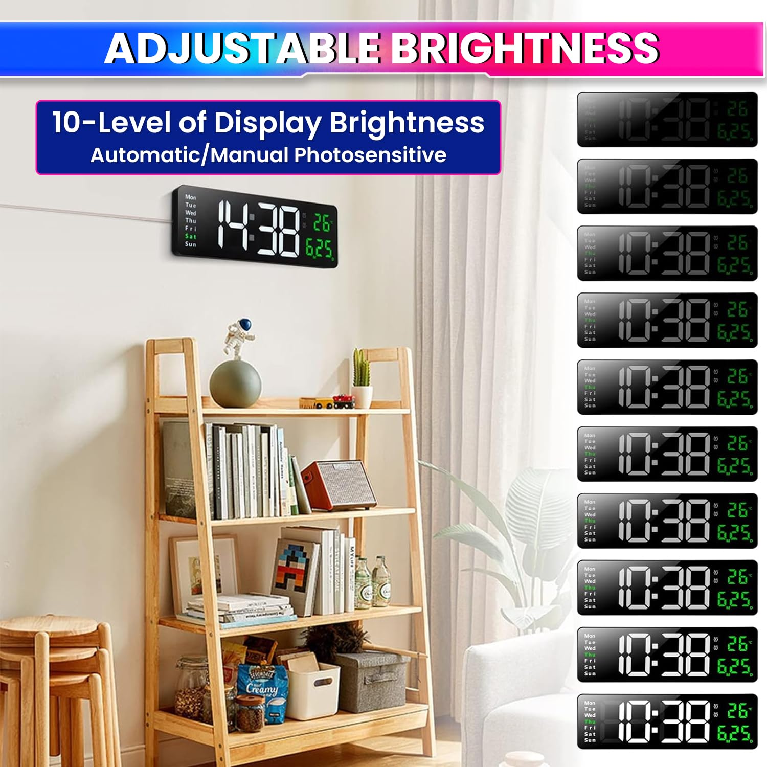 Remote Controlled LED Wall Clock - Day Date Month Temperature Display | Dual Alarm