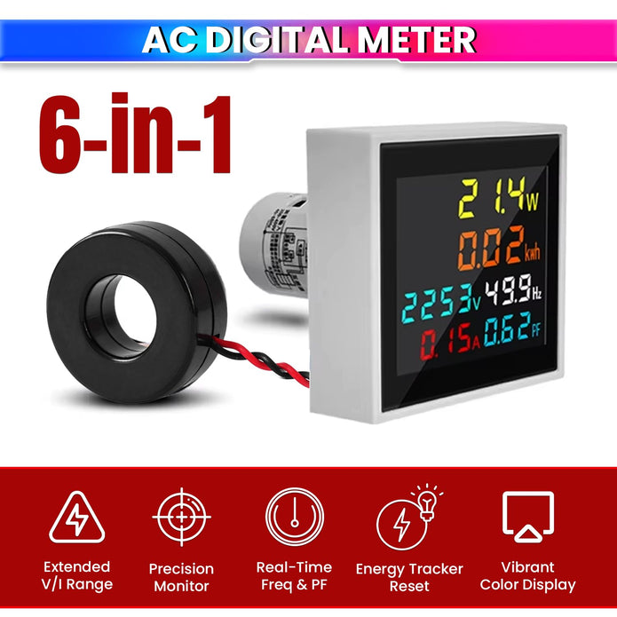 6-in-1 Digital AC Power Meter, Voltmeter, Ammeter, kWh Power Frequency 50–300V, 100A Energy Meter