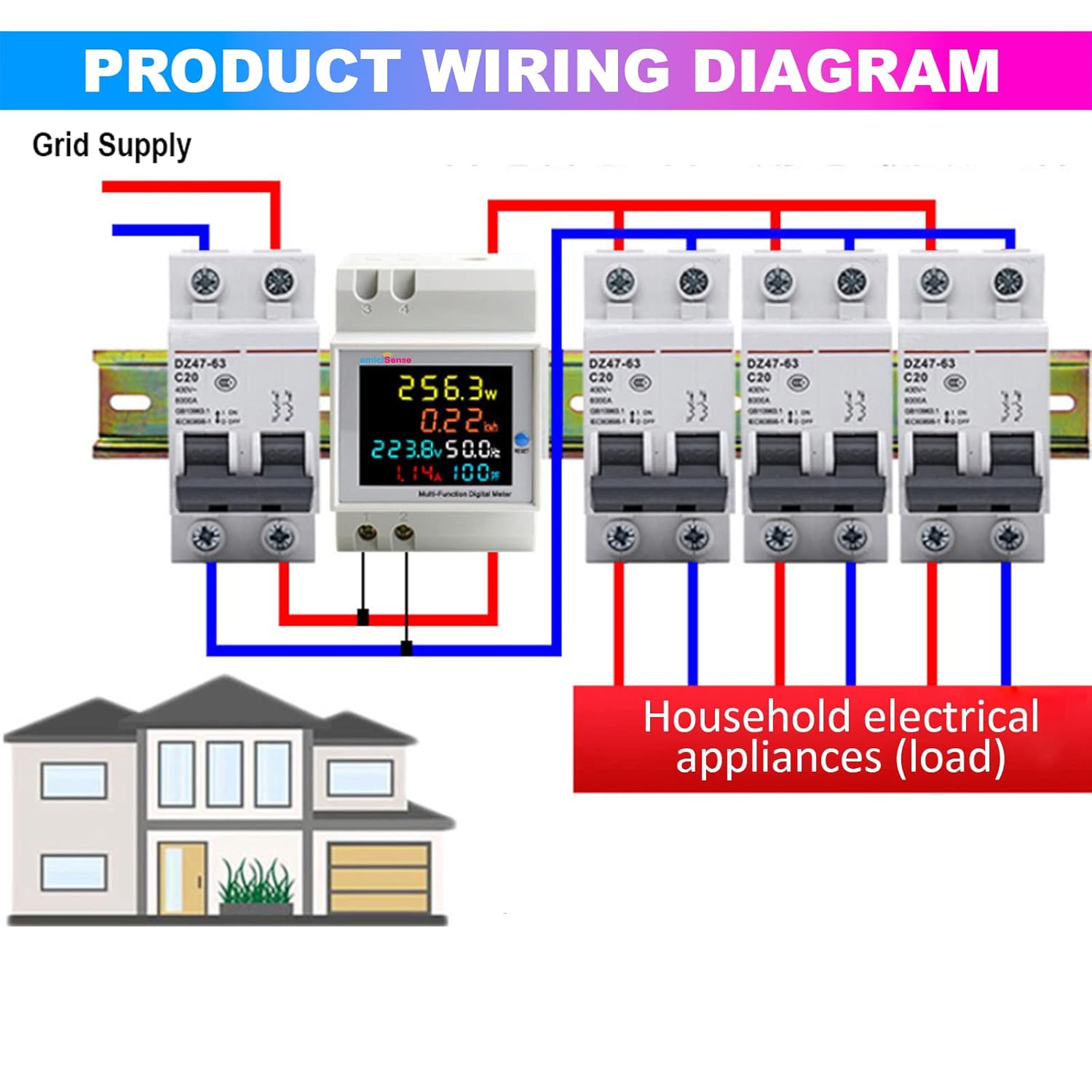 amiciSense 6 in 1 AC 40-300V 100A Digital Energy Meter