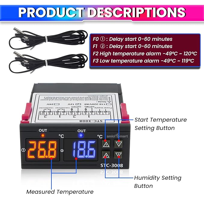 Digital Temperature Controller Thermostat with Relay Outputs for Heating & Cooling Control