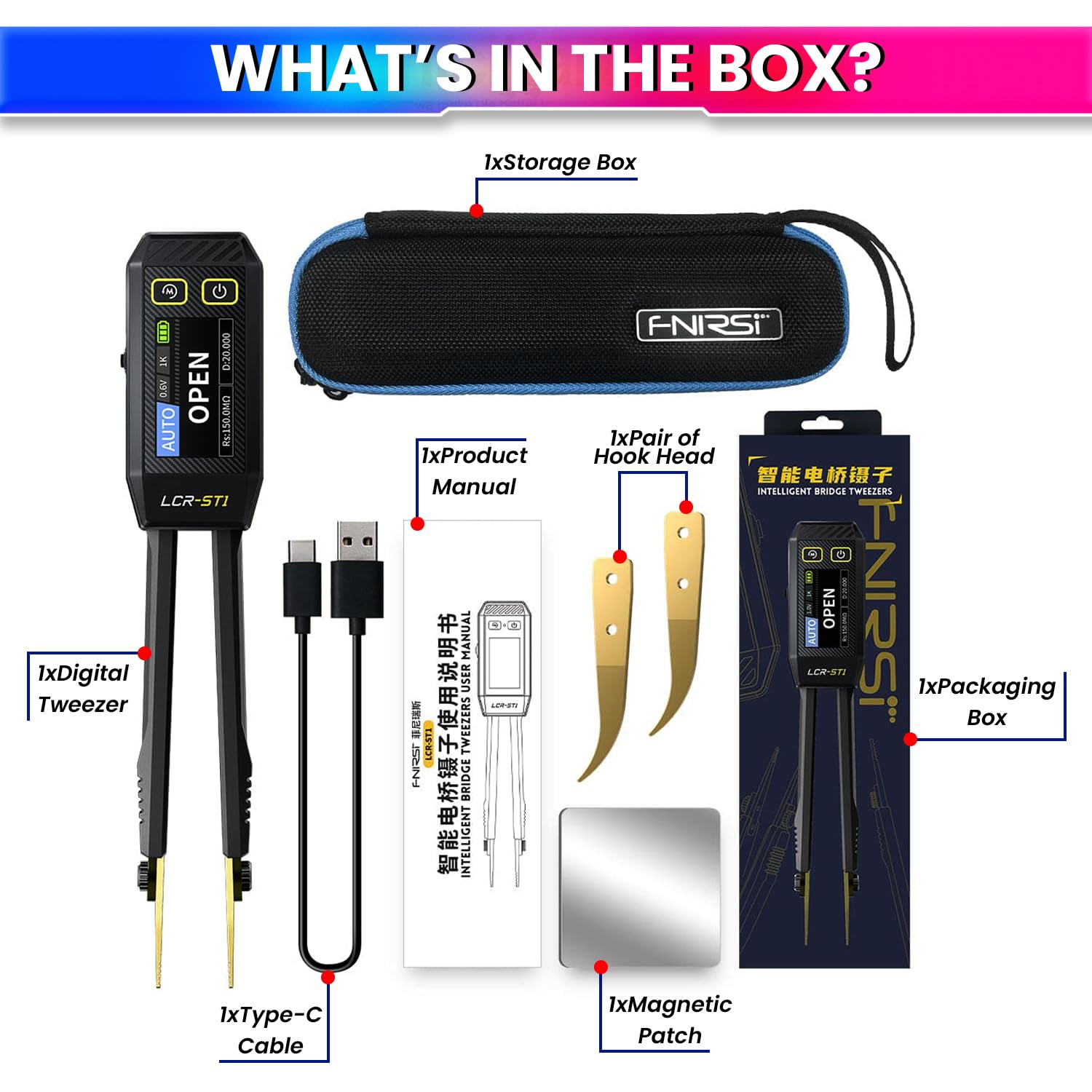 LCR-ST1 Smart Tweezer – SMD LCR/ESR Tester with Auto Recognition, 1.14'' Display, USB-C