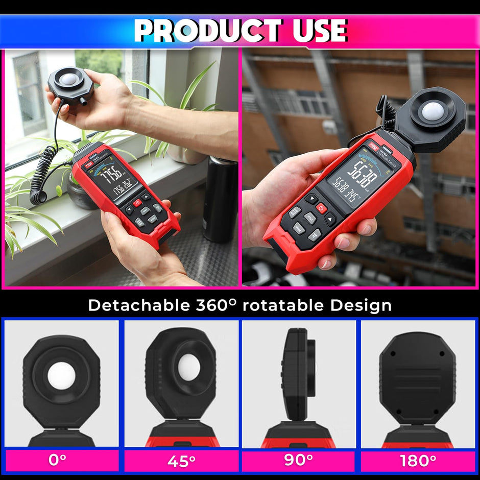 Dual-Power Luxmeter – 200K Lux Light Meter with 360° Rotating Sensor & Alarm