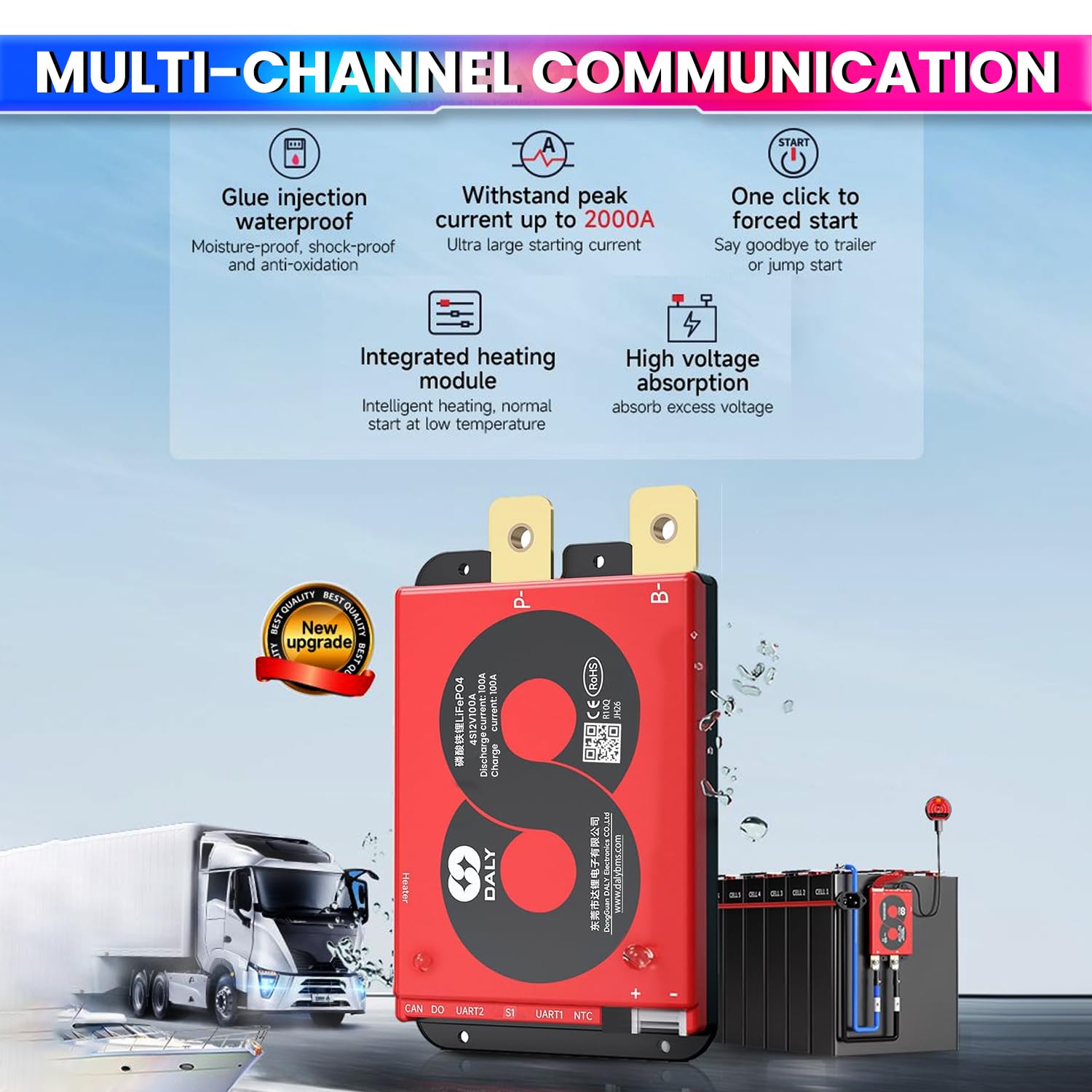 100A 4S 12V Truck/Vehicle Start BMS for Lithium/LFP/LTO Batteries Emergency Start, Overvoltage & Cold Weather Protection