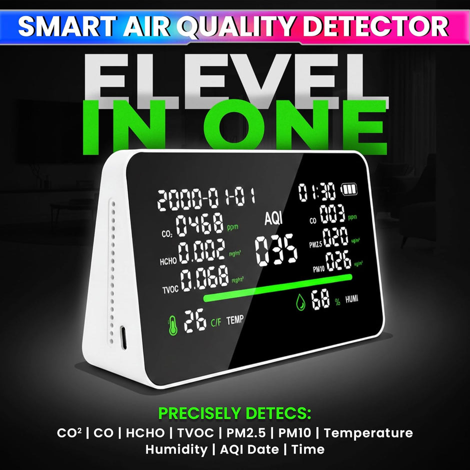 11-in-1 Air Quality Detector | CO₂, CO, PM2.5, PM10, HCHO, TVOC, AQI Monitor with Temperature & Humidity