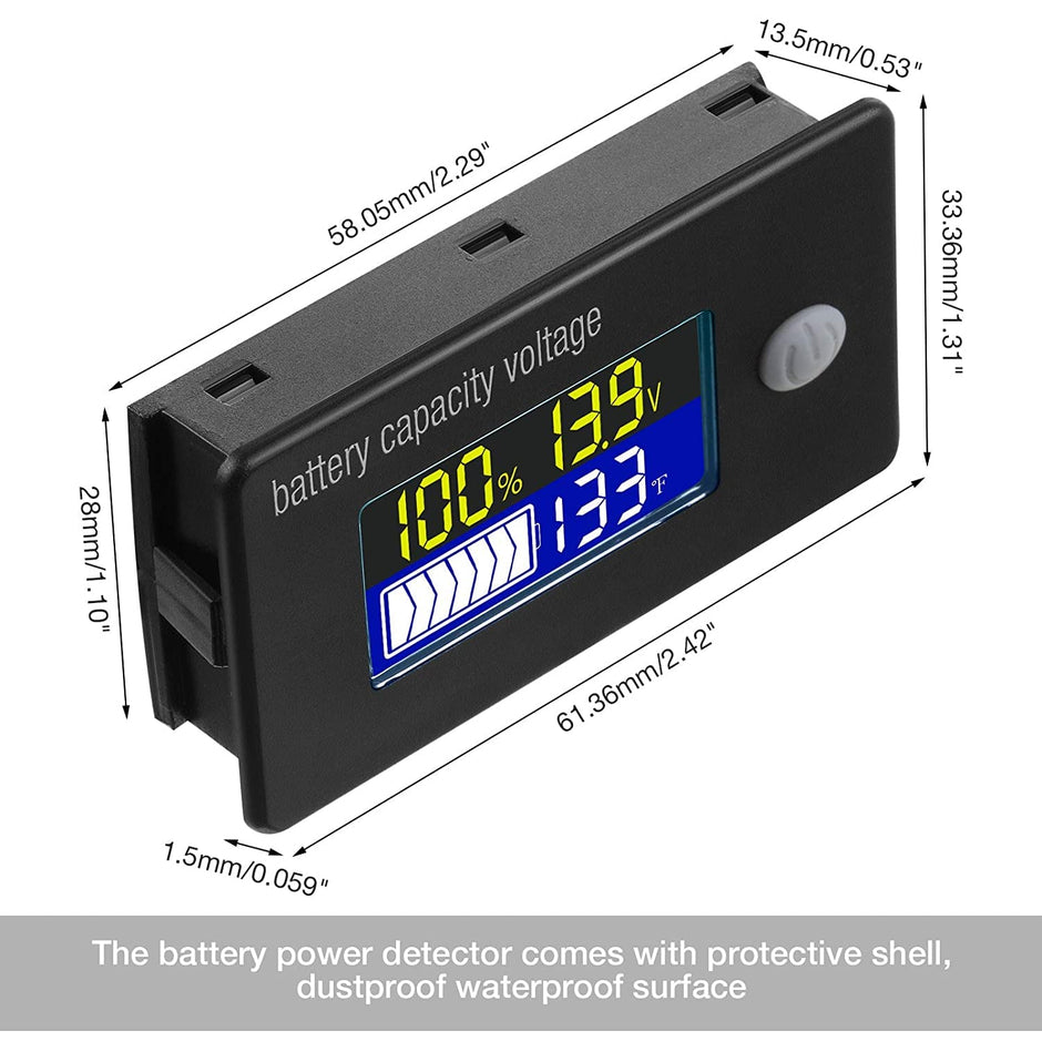 DC 10–100V Battery Capacity Indicator – Charge, Voltage Monitor with Temp Sensor & Alarm