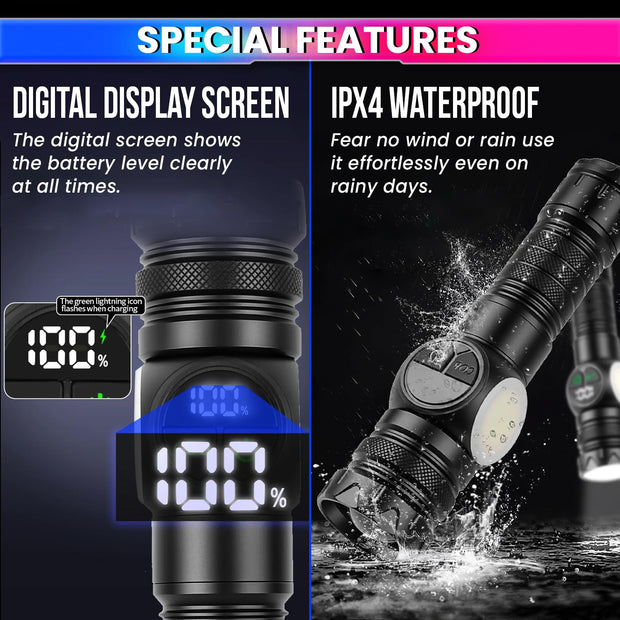 Tactical Flashlight with COB, Digital Display, Magnetic Tail, Rechargeable Power Bank, 9 Light Modes