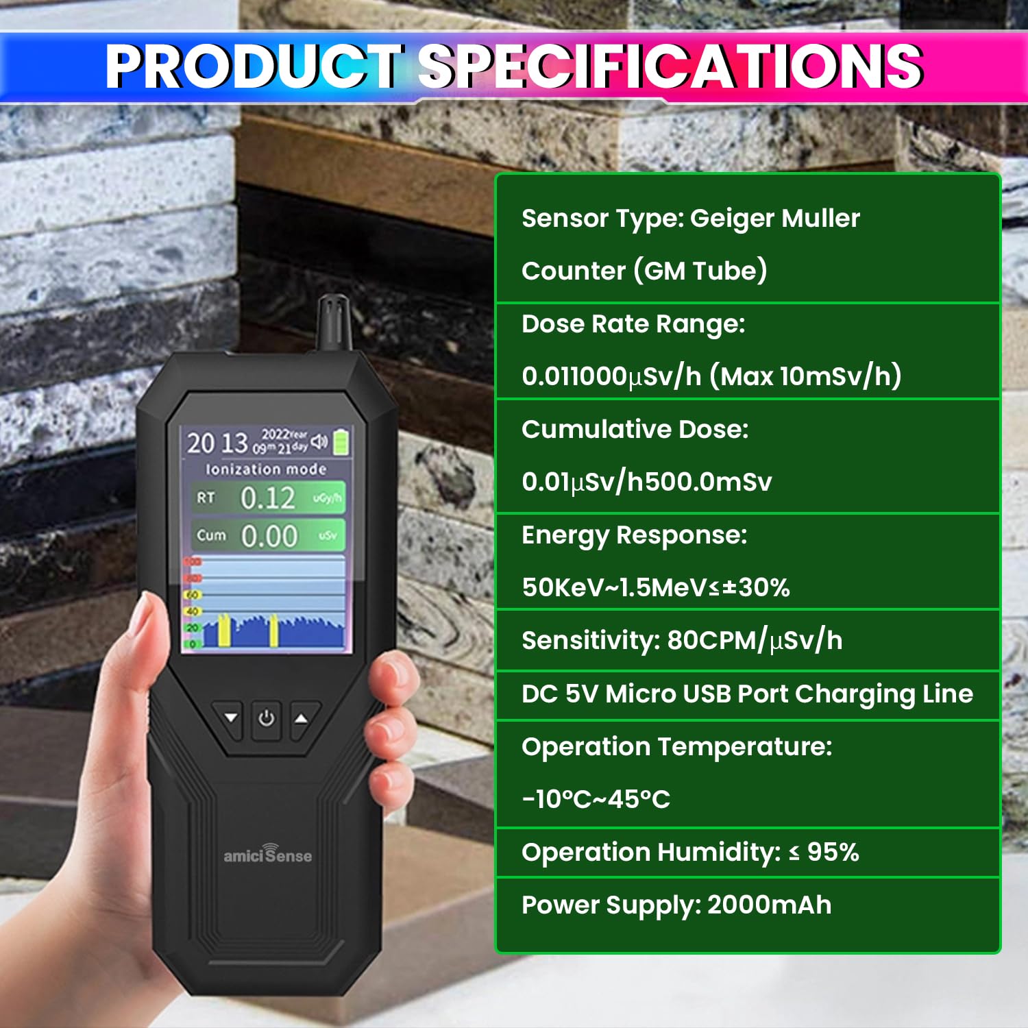 Nuclear Radiation Detector Handheld Geiger Counter with LCD Display, Real-Time Monitoring, Built-in Alarm & Rechargeable Battery