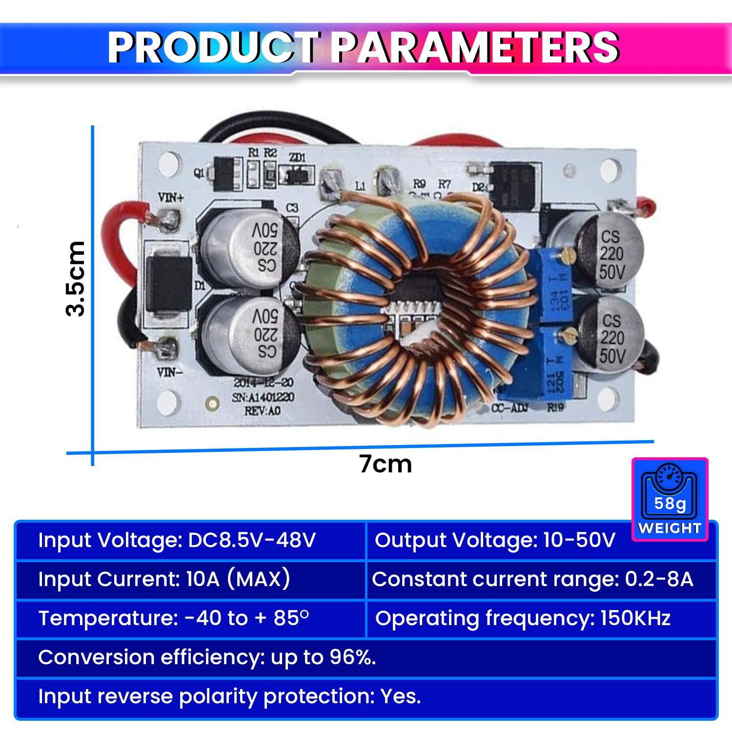 amiciSolar 10A Boost Converter, 8-48V Input to 12-50V Adjustable Output Step-Up Module with Over-Current & Reverse Protection