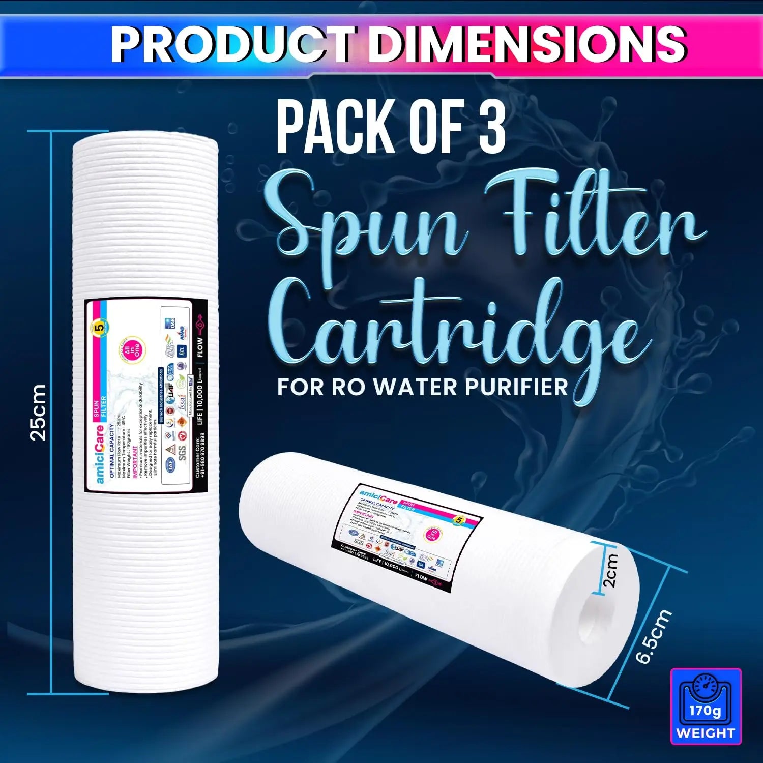 Universal 10-Inch Spun Filter for RO Water Purifier – Sediment Pre-Filter Cartridge & High Dirt-Holding Capacity (Pack of 3)