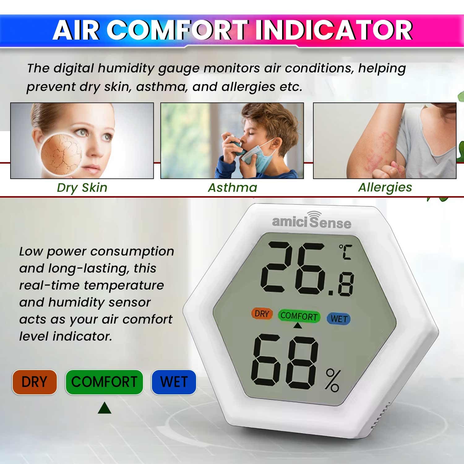 Digital Hygrometer Thermometer – Fast 1.5s Sampling Large LCD Display with Temperature & Humidity Monitor for Home, Office & Labs amiciKart