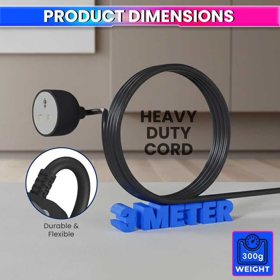 Heavy Duty 3-Pin Extension Cord with 1 Sq mm Pure Copper Wire | 3 Meter