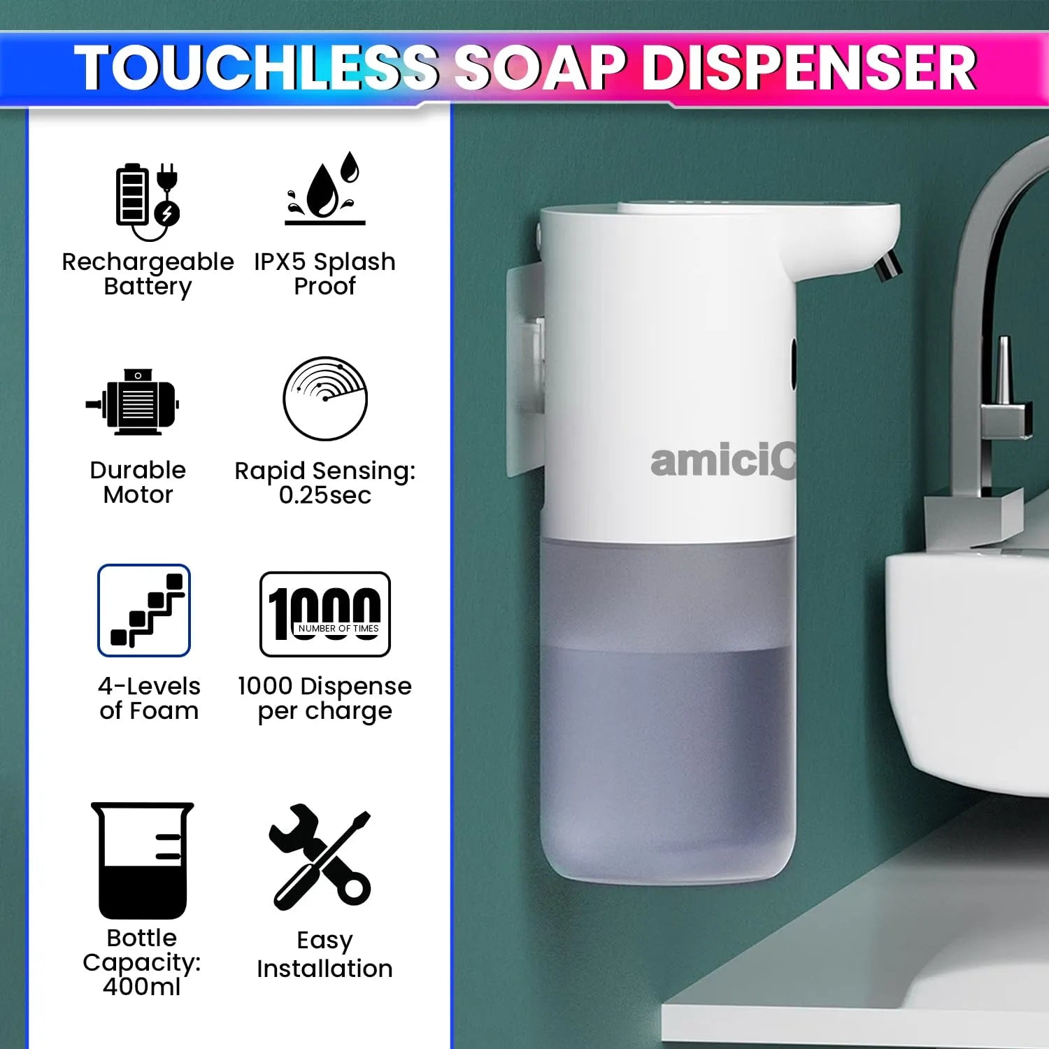 Touchless Foam Soap Dispenser Type-C Rechargeable with 4 Dispensing Modes Fast Sensor (400ml)