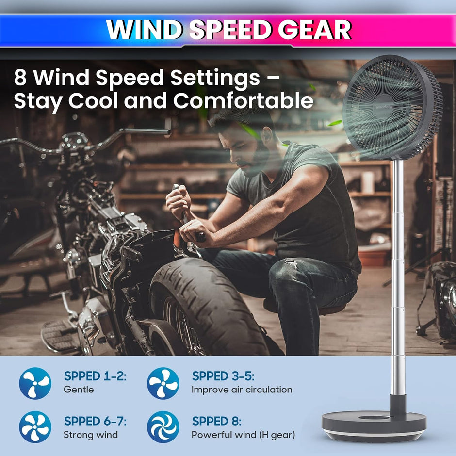 10-Inch Telescopic Rechargeable Stand Fan – 8-Speed Folding Fan with Remote & 9000mAh Battery