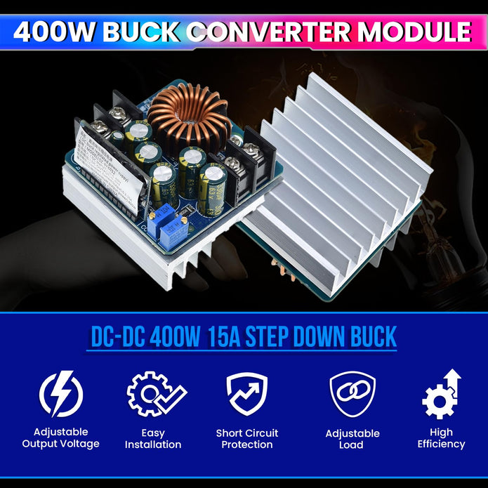 DC-DC 400W 15A Adjustable Buck Converter, DC 10.5V-60V to 0.5V-45V Power Supply Module Ideal for Battery Charging & Power Supplies