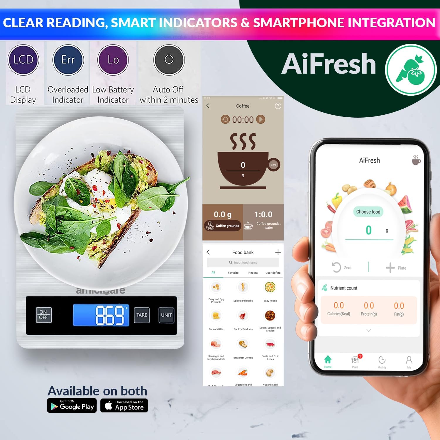 Digital Food Nutrition Measurement Scale (5g~15kg), 1g Precision, AiFresh Mobile App