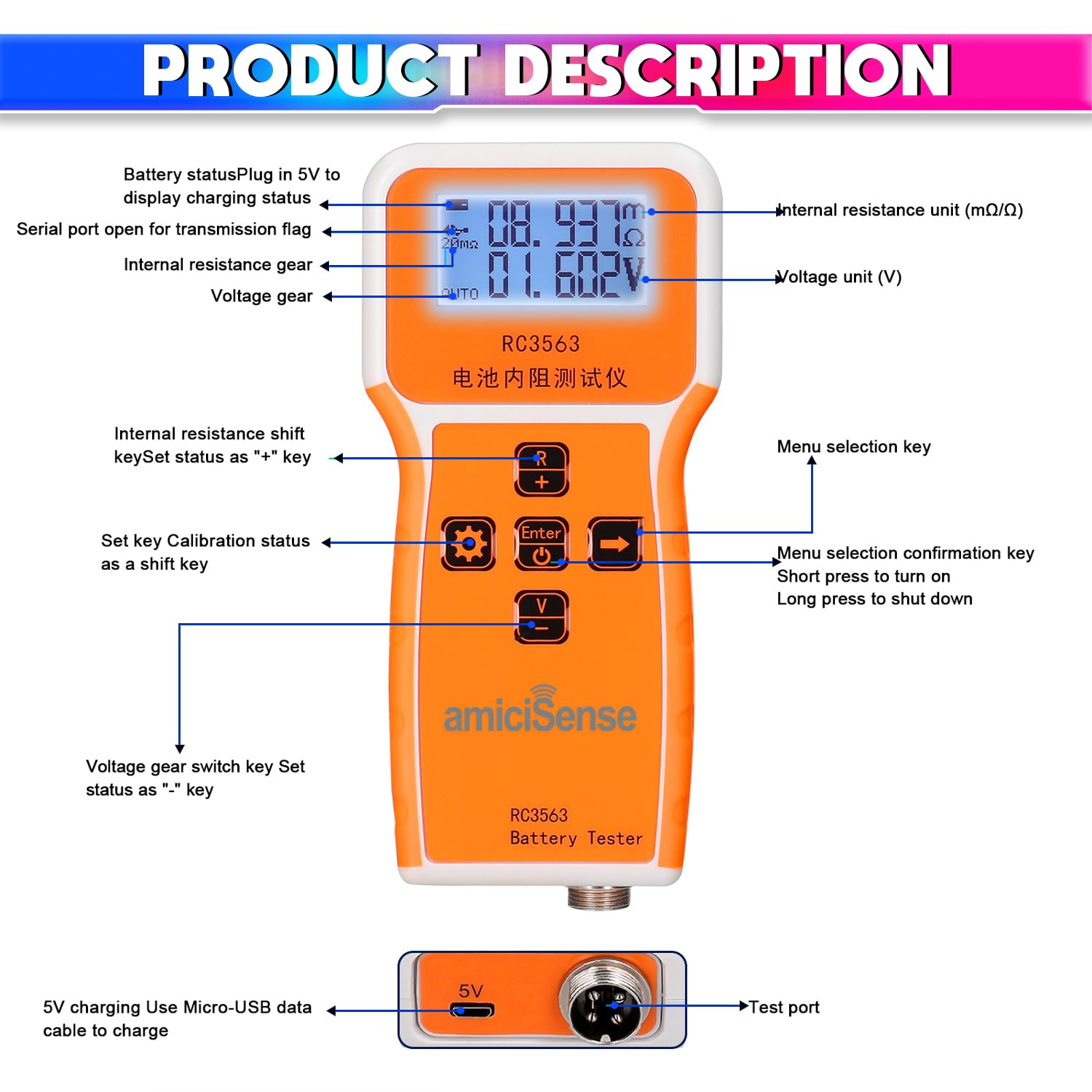 Battery Internal Resistance Tester, 4-Wire Voltage & Resistance Test for Lead, Li, Ni-Cr Batteries (100V, 200Ω) amiciKart