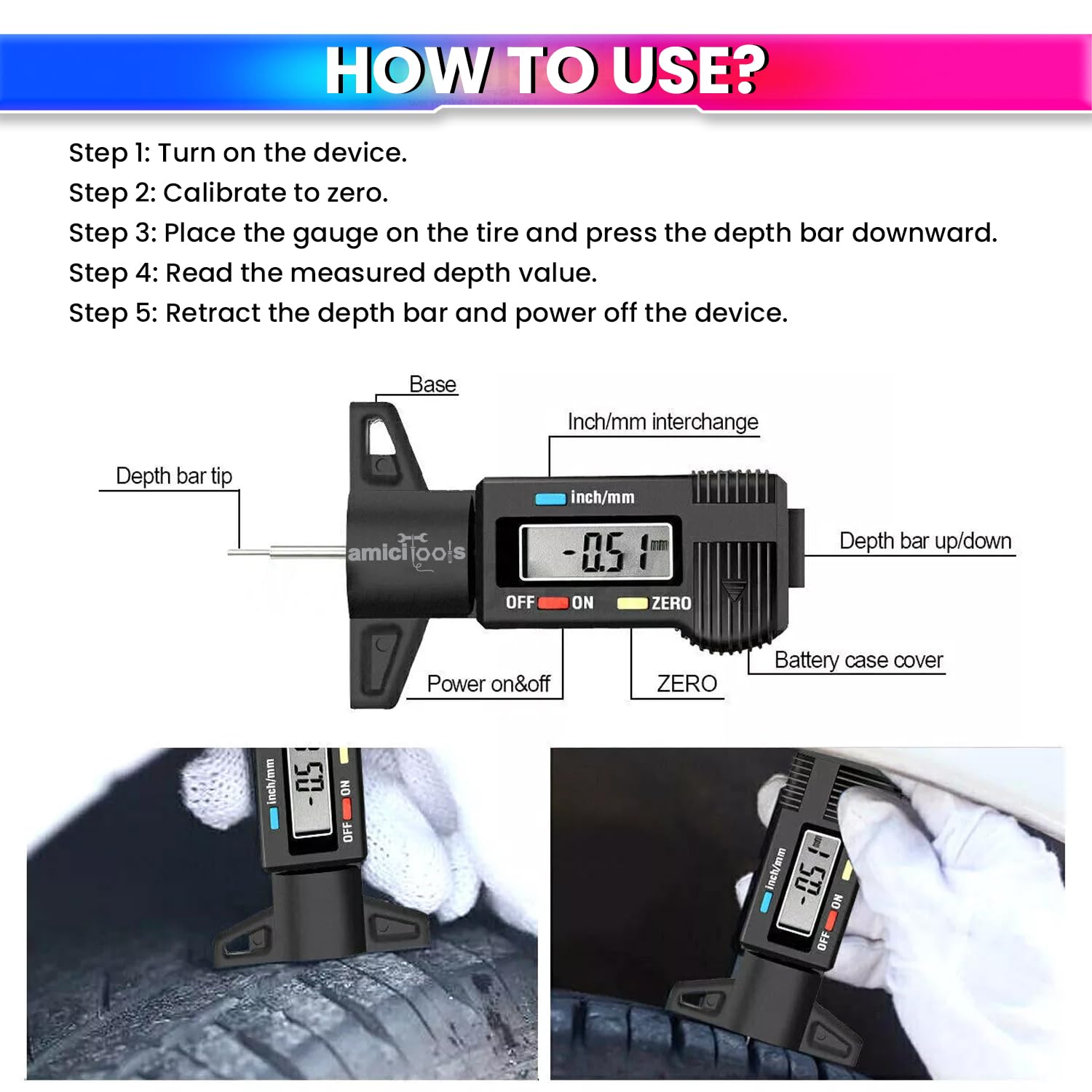 Digital Tire Thread Depth Gauge with LCD Display, 0-25mm Accurate Measurement for Cars, Trucks, Motorcycles Wheel