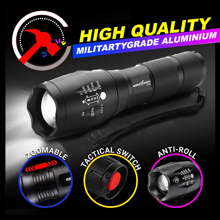 Metal LED Flashlight, XHP50 Zoomable Torch with 5 Modes, Rechargeable 2600mAh Battery & Water-Resistant Body amiciKart