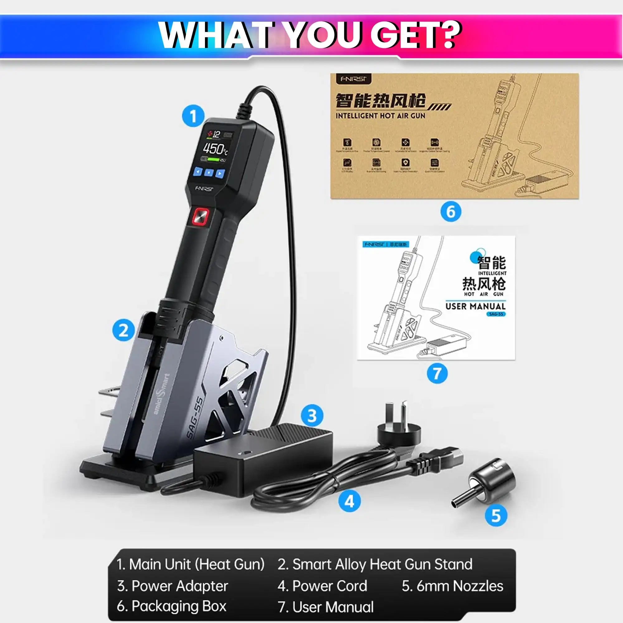 550W Hot Air Gun with PID Temperature Control 20-Level Adjustable Airflow Auto-Cooling Soldering, PCB Repair & Heat-Shrink