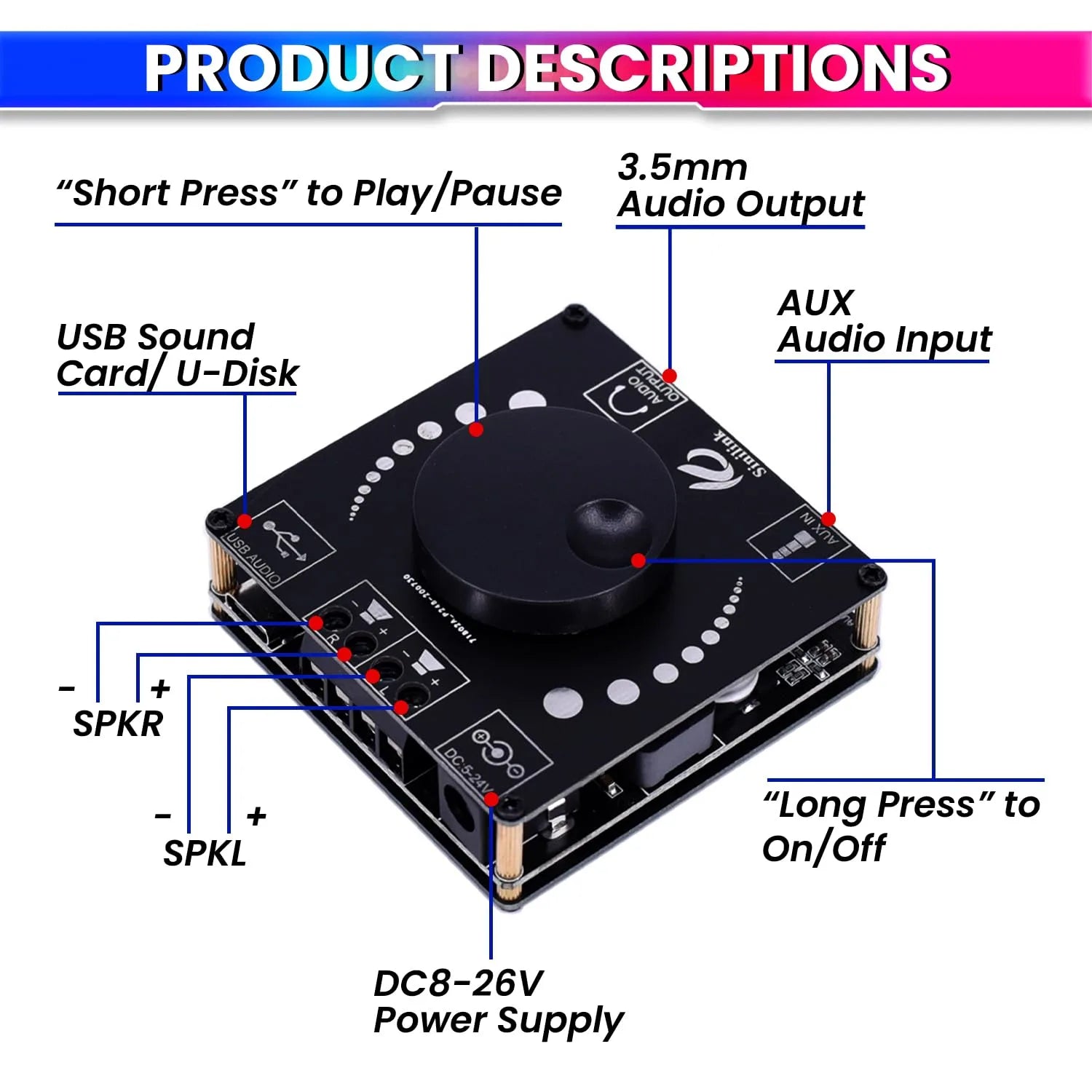 Mini Wireless Bluetooth 5.0 Amplifier – 50W+50W Dual Channel, DC 5–27V Audio Amplifier Module with AUX/USB/U-Disk Input