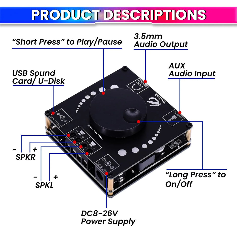 Mini Wireless Bluetooth 5.0 Amplifier – 50W+50W Dual Channel, DC 5–27V Audio Amplifier Module with AUX/USB/U-Disk Input