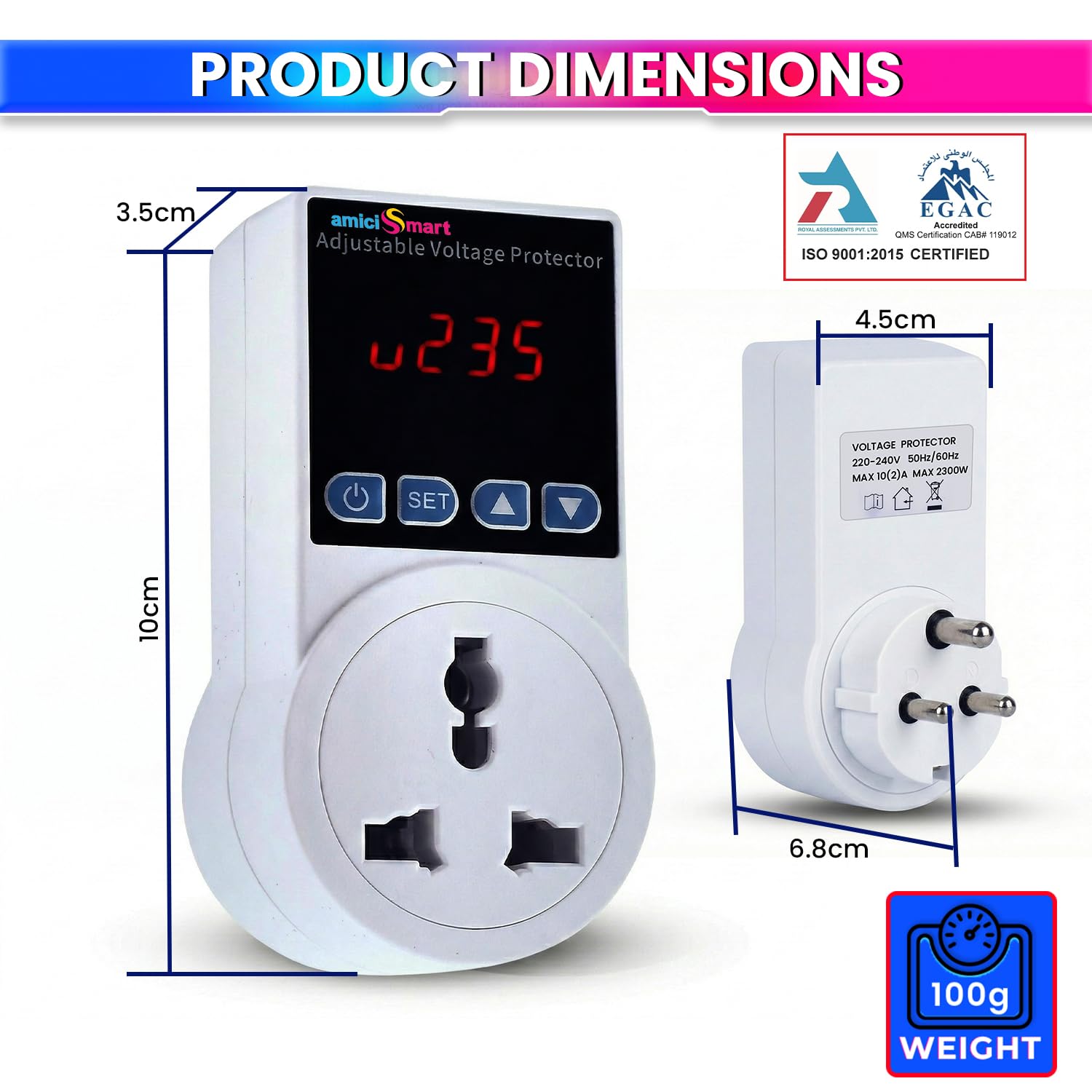Socket Voltage Protector 10A Load Capacity with 6A Plug Over & Under Voltage Protection with LED Display
