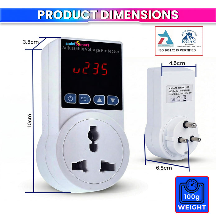 Socket Voltage Protector 6A with 6A Plug, Over & Under Voltage Protection with LED Display